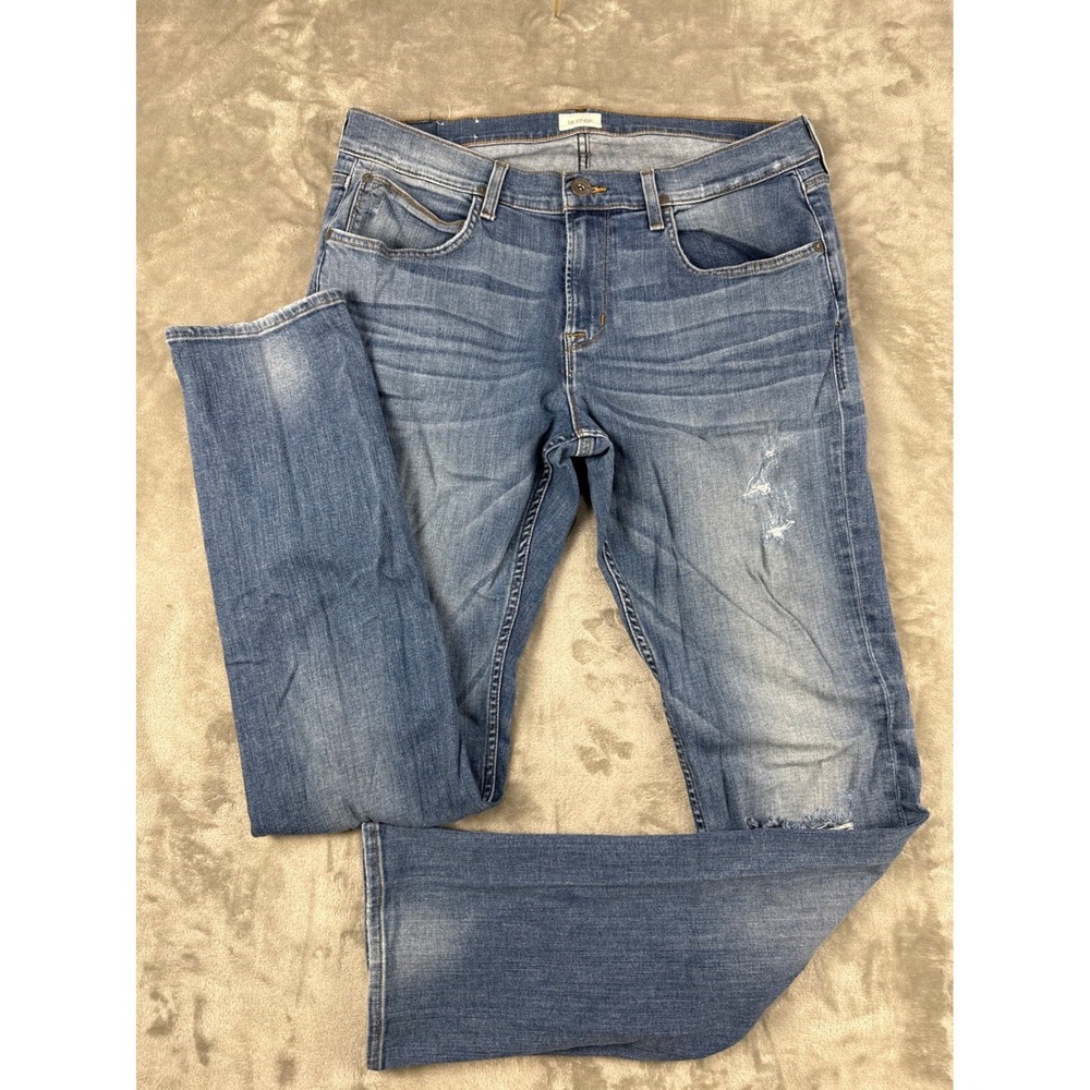 Hudson Byron Straight Leg Mens Jeans Size 34 Medium Wash Distressed Blue Denim